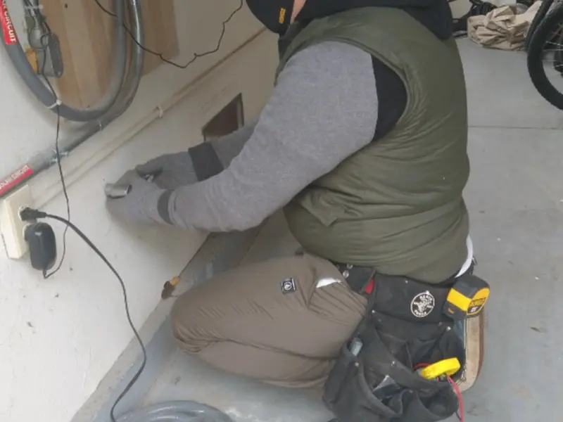 Electrician performing outlet wiring in a Pahrump garage
